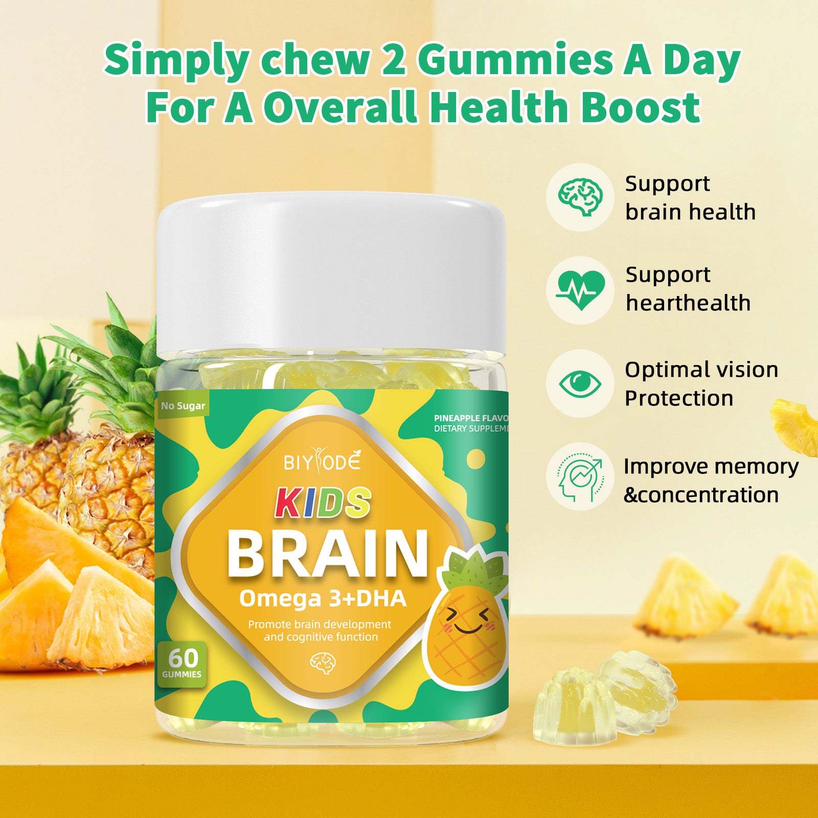 Hot Sale Wholesale Kids Multivitamin 3 DHA Study Support Gummies OEM ODM Alpha Brain Nutrition Supplement
