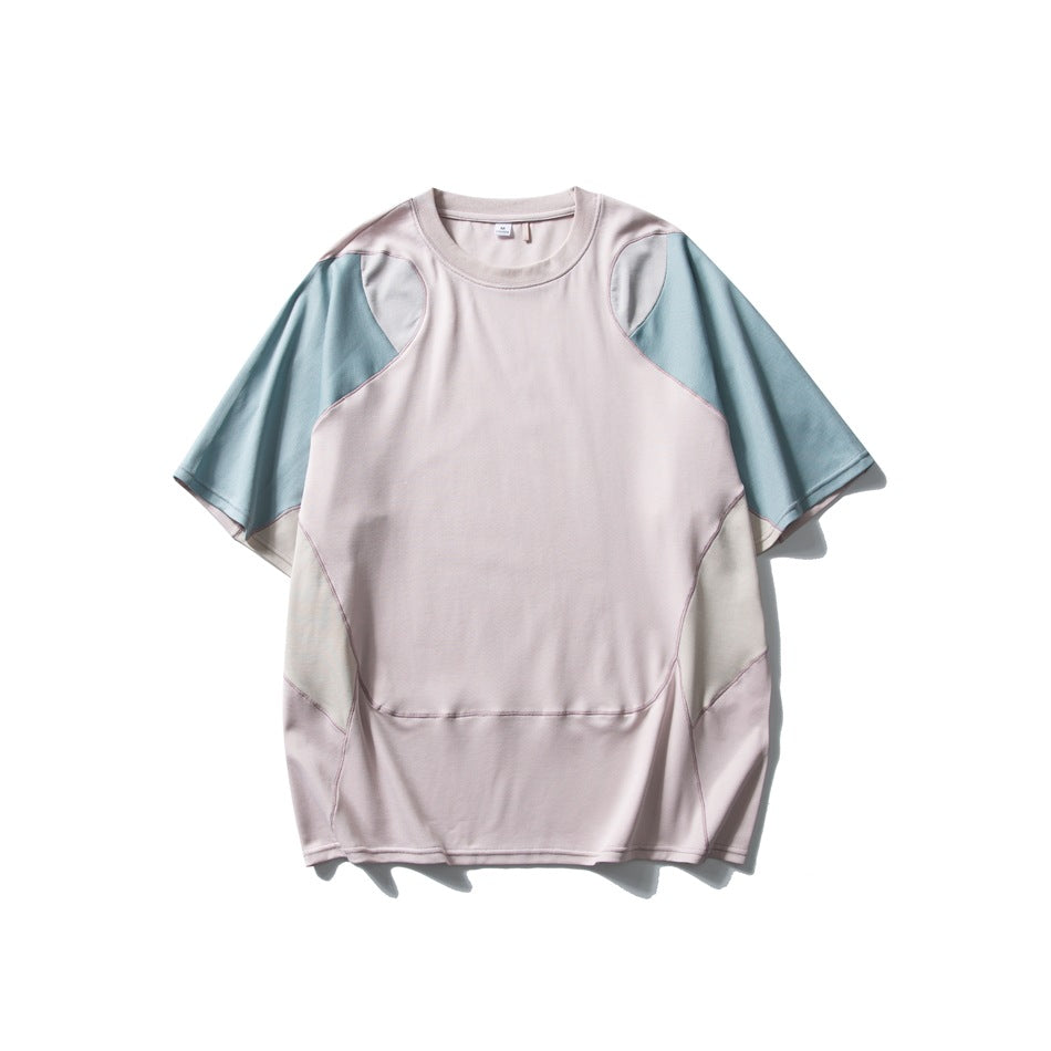 Men's Patchwork Contrast Color Sports T-shirt Loose Short Sleeve