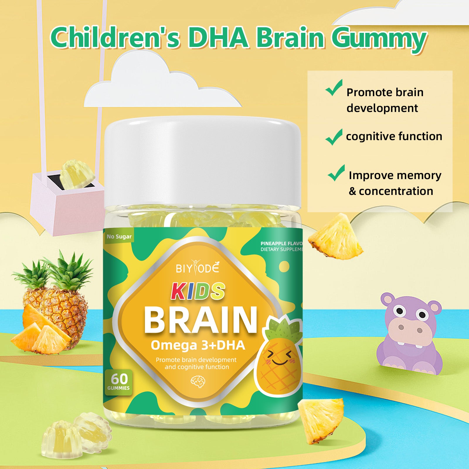 Hot Sale Wholesale Kids Multivitamin 3 DHA Study Support Gummies OEM ODM Alpha Brain Nutrition Supplement